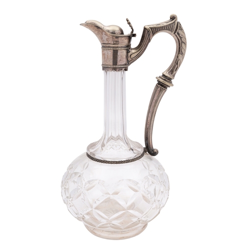 17 - A late 19th century silver plated and cut glass claret jug, of classical form, with globular body, u... 