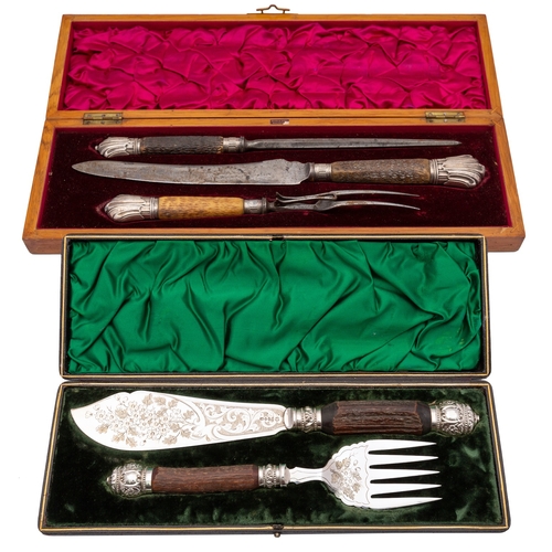 18 - A cased trio of Victorian silver mounted antler carving items, maker George Houston, Birmingham 1879... 