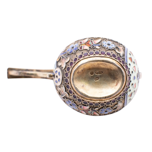 205 - Four Russian enamelled silver Kovsh (salts) and three enamelled  matching spoons, maker Pyetr Aleksy... 