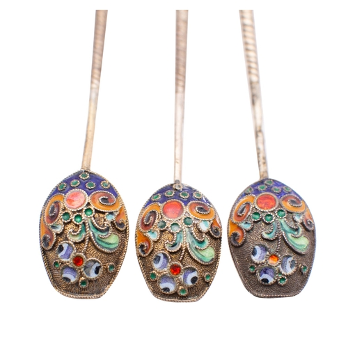 205 - Four Russian enamelled silver Kovsh (salts) and three enamelled  matching spoons, maker Pyetr Aleksy... 