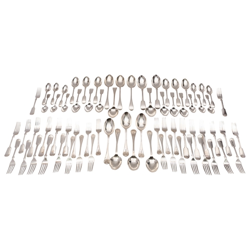 24 - A matched canteen of silver flatware, various dates and makers, mostly Victorian and London, Fiddle,... 