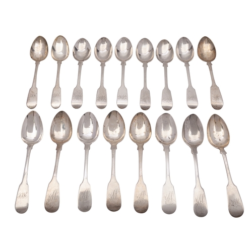 28 - A set of six william IV silver teaspoons, Isaac Parkin, Exeter 1831, Fiddle pattern, engraved scroll... 