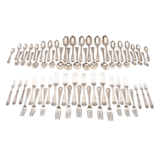 31 - A George IV silver canteen of flatware, William Chawner II, London 1827, Kings pattern, double struc... 