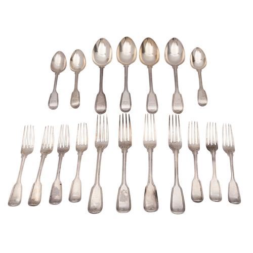 34 - A William IV part silver canteen of flatware, maker Mary Chawner, London mostly 1837, Fiddle and Thr... 