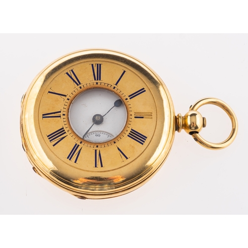 371 - An 18k half-hunter pocket watch the white enamel dial with black Roman numerals, a subsidiary second... 