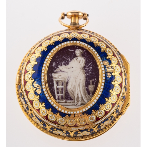 373 - An early 19th century gilt metal & enamel pair cased pocket watch the white enamel dial with black R... 