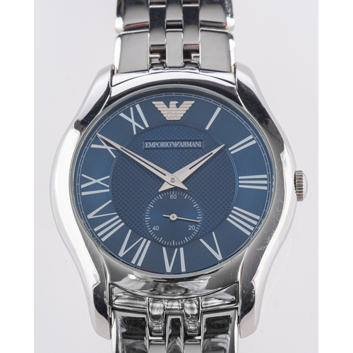 376 - Emporio Armani, a gentleman's stainless steel wristwatch the blue dial with raised Roman numerals, s... 