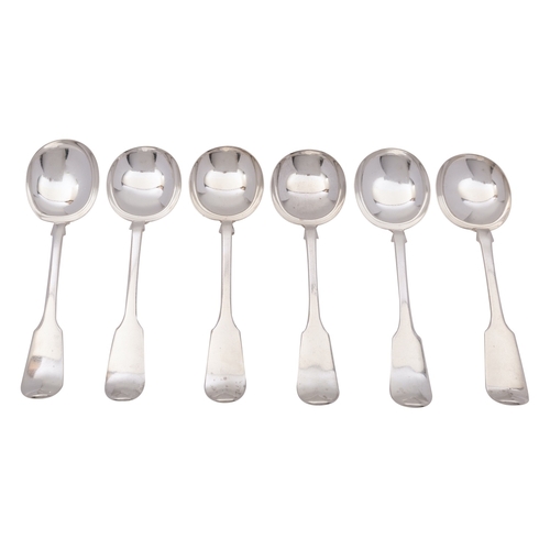 40 - A set of five Victorian silver soup spoons, Mary Chawner, London 1840, Fiddle pattern, and one Georg... 