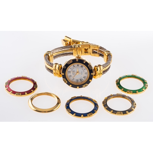 404 - Anne Klein, a lady's gold-plated wristwatch with six replaceable coloured bezels and two-tone plated... 