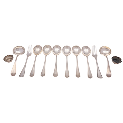 41 - A set of six George V spoons, E K & S Ltd, Sheffield 1927, Art Deco design, together with a pair of ... 