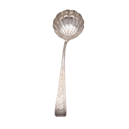 44 - A George III Irish silver shell bowl ladle, maker Joseph Craig, Dublin 1774, Old English pattern, en... 