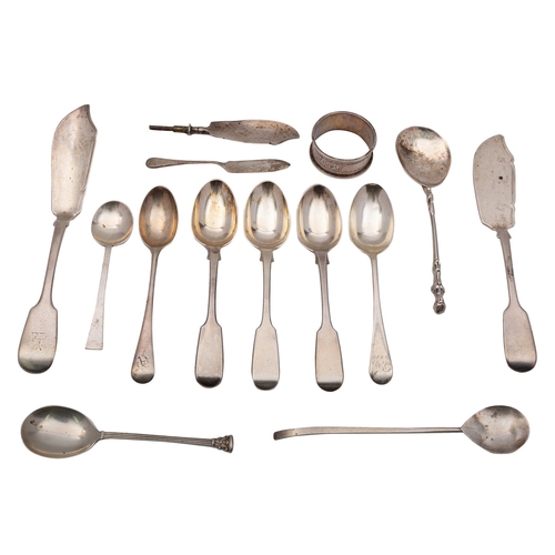 50 - A mixed group of silver flatware, various dates and makers, eight various teaspoons, a cocktail spoo... 