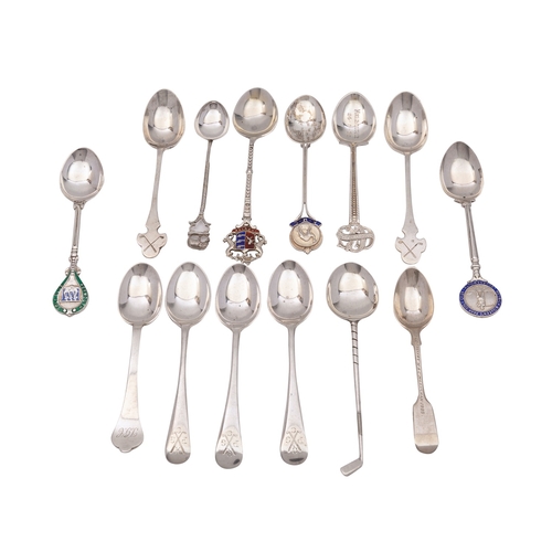 56 - A collection of silver prize teaspoons, various dates and makers, mostly golf related, 200grams, (14... 