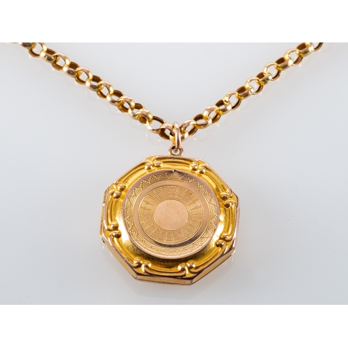 577 - An octagonal locket pendant, with hinged cover, and a belcher-link chain, stamped '9CT', length of p... 