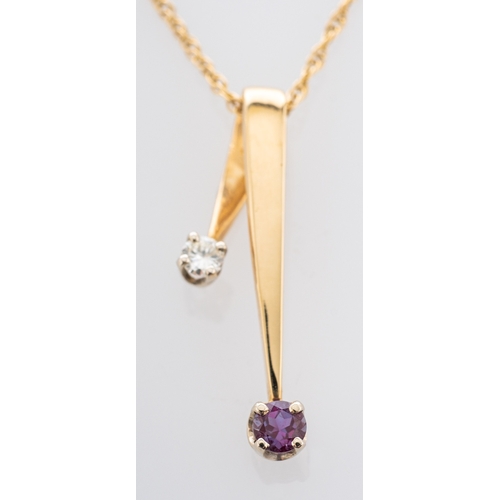 581 - A gold sapphire and diamond pendant, designed as a ribbon loop, claw set with a brilliant cut diamon... 