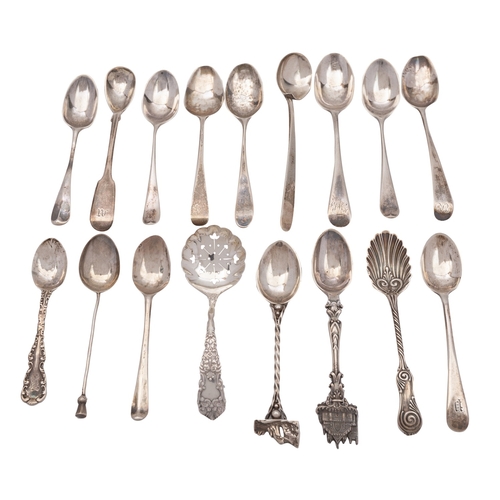 62 - A collection of silver teaspoons, various dates, styles and makers, to include two Hanoverian 18th c... 