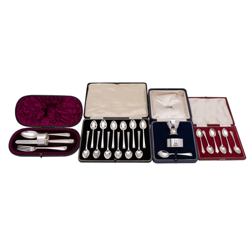 68 - A small group of cased silver to include; a set of Art Deco silver coffee spoons, Cooper Brothers an... 