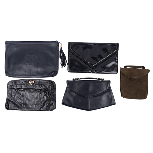 744 - A  group of five various black leather  evening bags, unsigned, together with a brown suede evening ... 