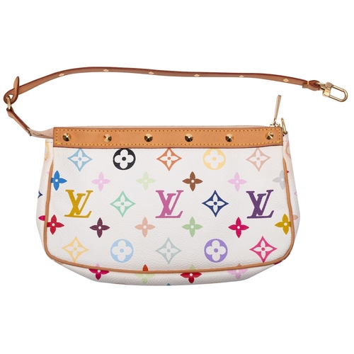 Louis Vuitton. A multi colour monogrammed pouch bag, with gilt fittings and  tan strap, together w