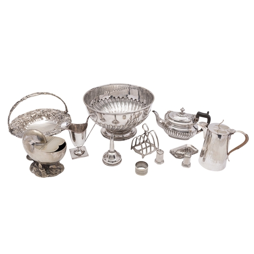 9 - A mixed group of late 19th century silver plated wares to include, a part fluted rose bowl, nautilus... 