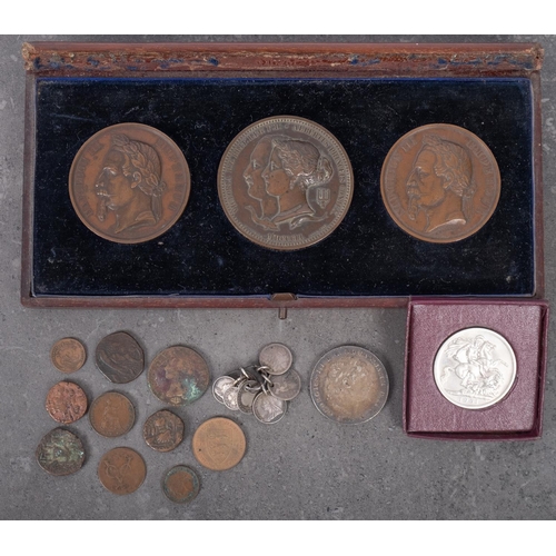 575 - Three bronze medallions including 1851 Great Exhibition juror medallion (2 1/2in) with two Napoleon ... 