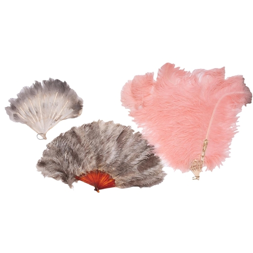 607 - An early 20th century bone and pink ostrich feather fan,67cm long together with a smaller abalone an... 