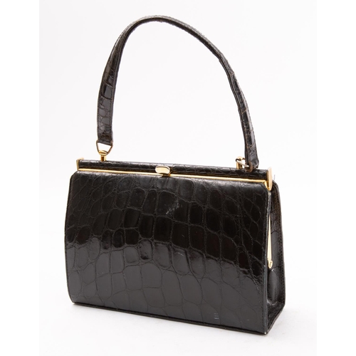 625 - A mid-twentieth century black leather simulated Crocodile handbag, unsigned.