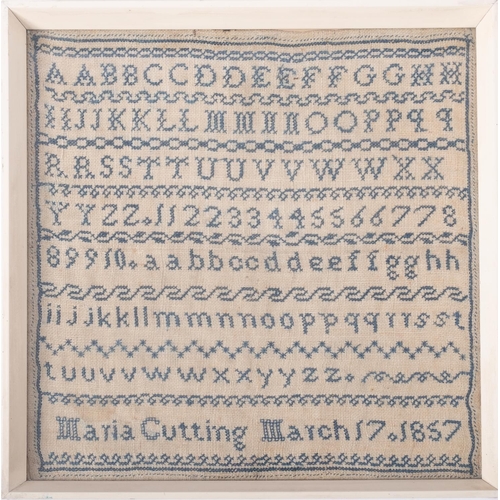 627 - A Victorian needlework sampler worked by 'Maria Cutting, March 17. 1857', blue cross stitched upper ... 