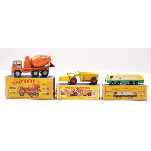 670 - Matchbox. A boxed group of three, comprising;- King Size K-13 Ready Mix Concrete Truck, orange with ... 