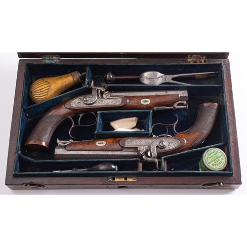 70 - A cased pair of percussion cap pistols, maker Tipping & Lawden, London, the 6 1/2 inch octagonal smo... 