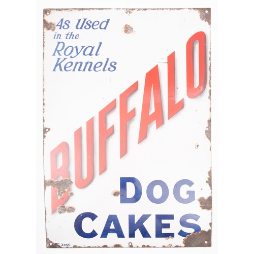 715 - A enamel advertising sign 'Buffalo Dog Cakes', blue and red text on a white reserve, 66 x 46cm.