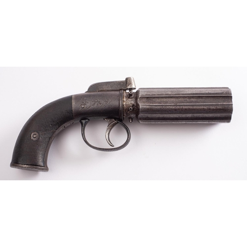 74 - A 19th century percussion cap six shot pepperbox revolver, maker Powell & Son, the 4 1/2 inch fluted... 