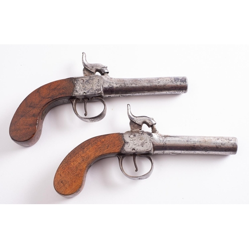 79 - A pair of 19th century percussion cap pocket pistols, unsigned, the plain 2 3/4 inch turn off barrel... 