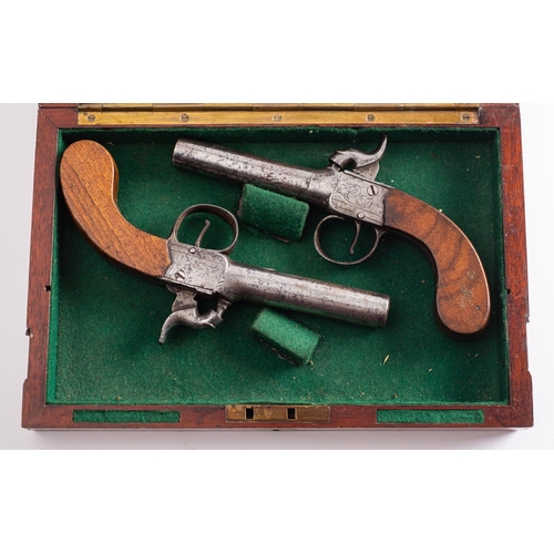 79 - A pair of 19th century percussion cap pocket pistols, unsigned, the plain 2 3/4 inch turn off barrel... 