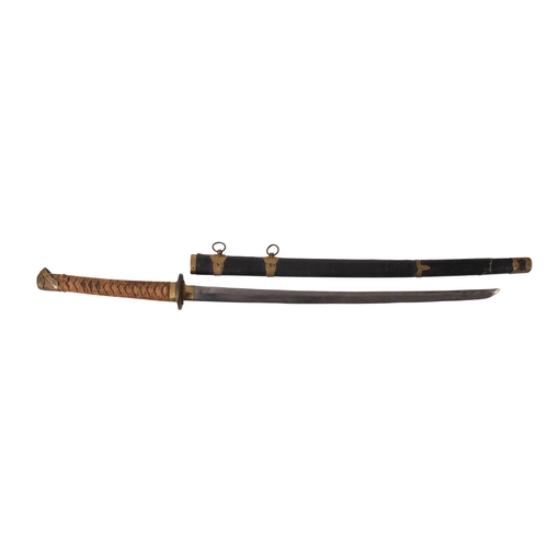 106 - A  reproduction Katana, the single edge blade over an iron tsuba with brass fittings and cord bound ... 