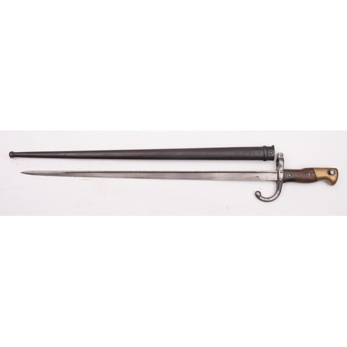 150 - A French 1874 pattern Gras sword bayonet, the single edge 'T' section blade over a steel hook quillo... 