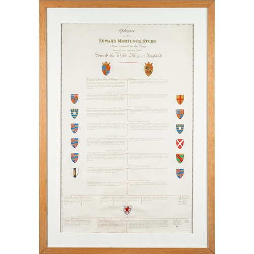 191 - A framed illuminated 'Pedigree of Edward Mortlock Studd, Major General in The Army, sharing his desc... 