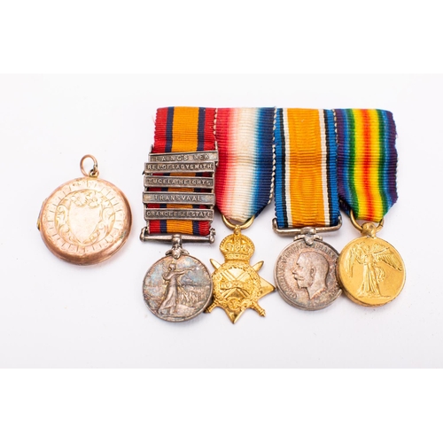 205 - A Boer War miniature group of four, Queens South Africa Medal with five clasps, 1914-15 Star, War Me... 