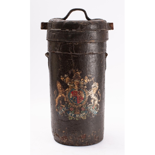 208 - A WWI leather shot charge bucket, with transfer armorial to front, 41cm high.