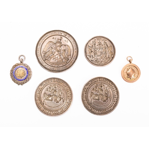 22 - A group of four circular intaglio seals, together with a 9ct gold fob and a silver and enamel 'Exete... 