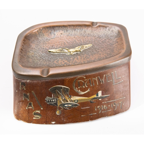 227 - A WWI period ashtray for RNAS Cranwell 1916-1917 constructed from a propeller, the copper  tray with... 