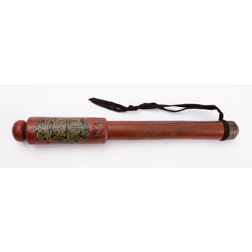 228 - A Victorian painted tip staff circa 1844, the red lacquered shaft with black and gilt armorial to he... 