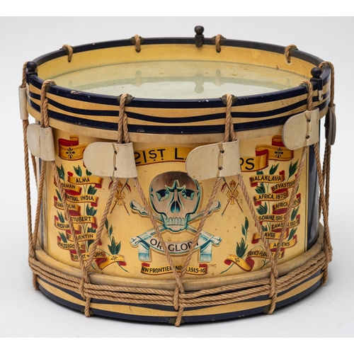 235 - A 17th / 21st  Lancers Regimental drum, a mid 20th Century example of a wood bodied side drum with r... 