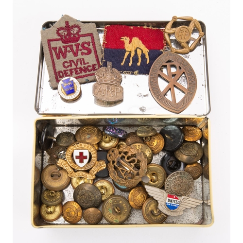 236 - A collection of various Regimental buttons, together with a silver ARP badge a WVS cloth patch etc.