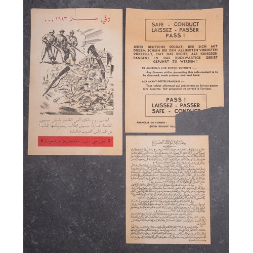 248 - Three WWII Air Drop Propaganda/Surrender leaflets, two in Arabic and one multi lingual 'Safe Conduct... 