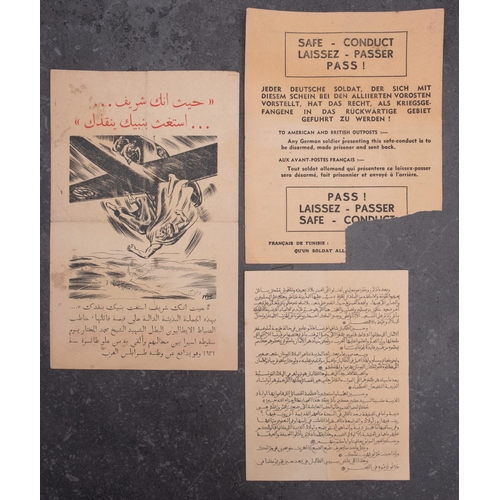 248 - Three WWII Air Drop Propaganda/Surrender leaflets, two in Arabic and one multi lingual 'Safe Conduct... 