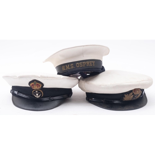 252 - Two Royal Navy peaked caps and a ratings hat with HMS 'Osprey' tally (3)