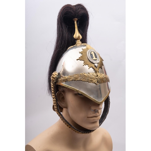 271 - An 1871 pattern First Dragoons helmet, black horse hair plume on a brass spike with  cross piece, oa... 