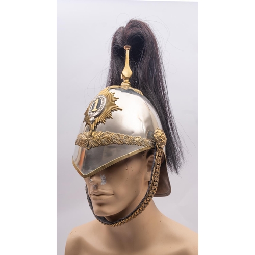 271 - An 1871 pattern First Dragoons helmet, black horse hair plume on a brass spike with  cross piece, oa... 