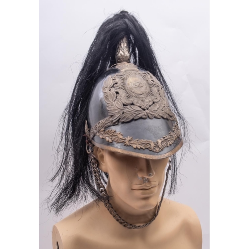 273 - A Staffordshire Yeomanry Officer's helmet, black horse hair plume on a silver plated Acanthus spire ... 